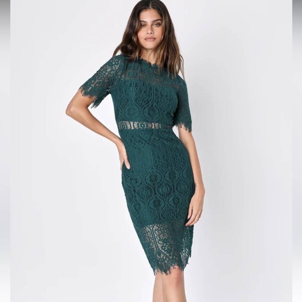 Lulus Remarkable Forest Green Sheer Lace Short Sleeve Mini Dress